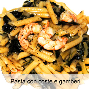 ricetta pasta con coste e gamberi