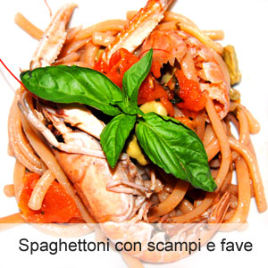 ricetta spaghetti con scampi e fave