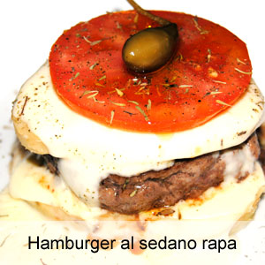 hamburger con fettine di sedano rapa, fontina, pomodoro