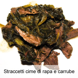 straccetti di carne di cavallo con cime di rapa e carrube